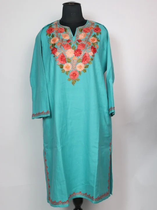 Zartasha Kashmiri Pheran In Turquoise Cashmilon With Aari Embroidery