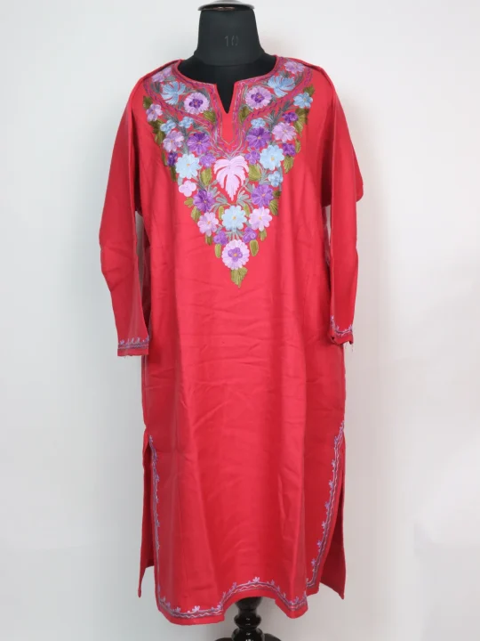 Zartasha Kashmiri Pheran In Red Cashmilon With Aari Embroidery