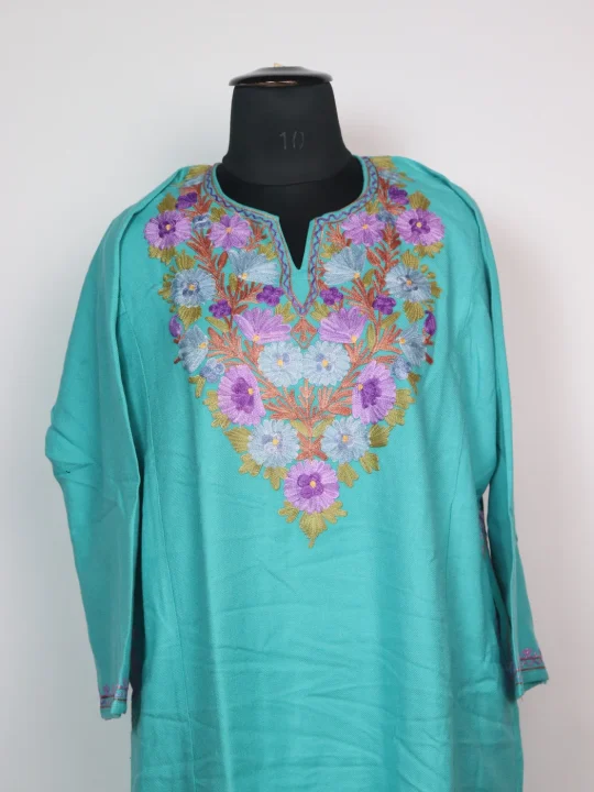 Kashmiri Pheran Zartasha In Turquoise Cashmilon With Aari Embroidery - Image 2