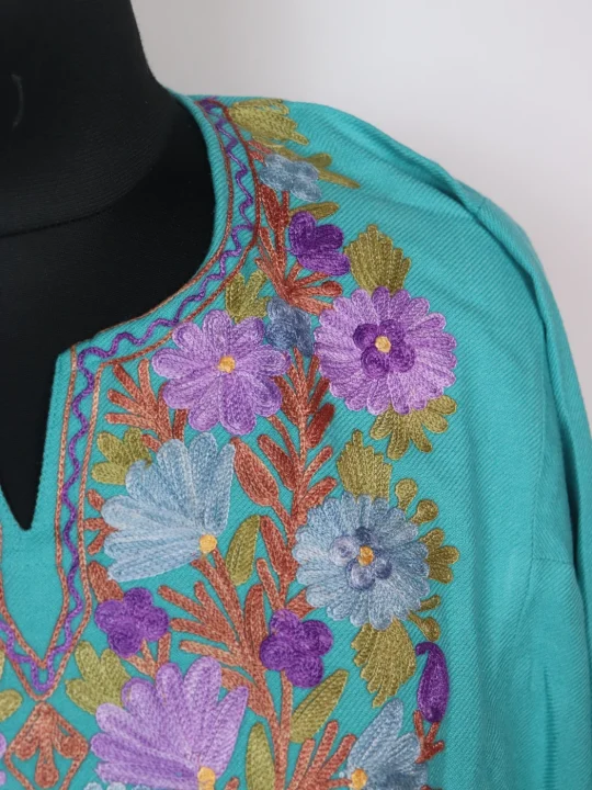 Kashmiri Pheran Zartasha In Turquoise Cashmilon With Aari Embroidery - Image 3