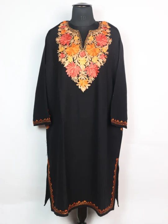 Taskeen Kashmiri Pheran In Cashmilon wool With Aari Embroidery | Black
