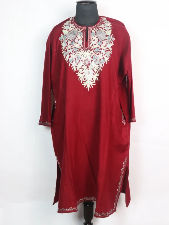 Farah Kashmiri Pheran In Red Cashmilon With Aari Embroidery
