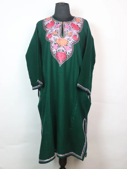 Mishal Kashmiri Pheran In Cashmilon wool With Aari Embroidery | Green