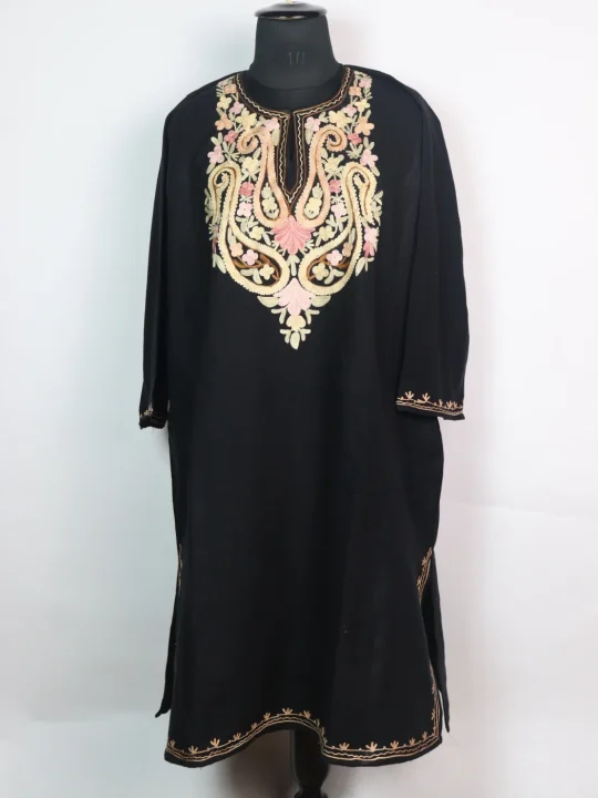 Nimra Kashmiri Pheran In Cashmilon wool With Aari Embroidery | Black