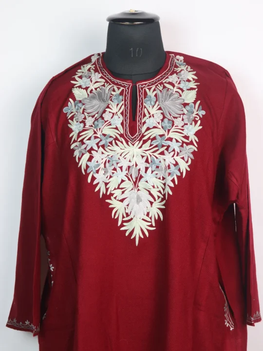 Farah Kashmiri Pheran In Red Cashmilon With Aari Embroidery - Image 2