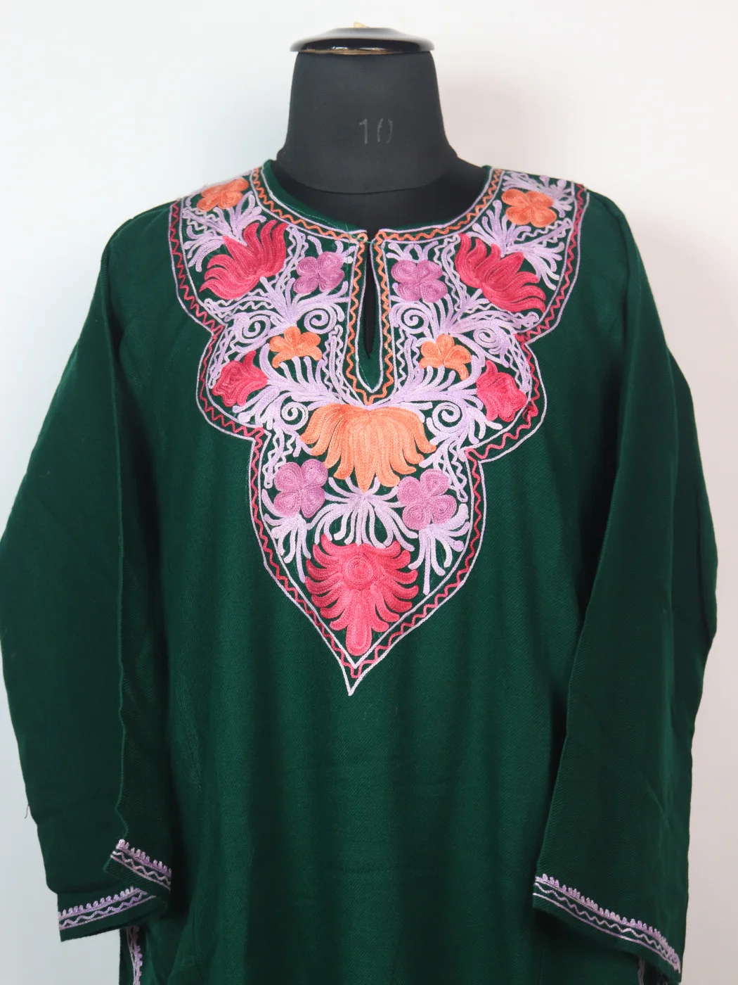 Mishal Kashmiri Pheran In Cashmilon wool With Aari Embroidery | Green - Image 2