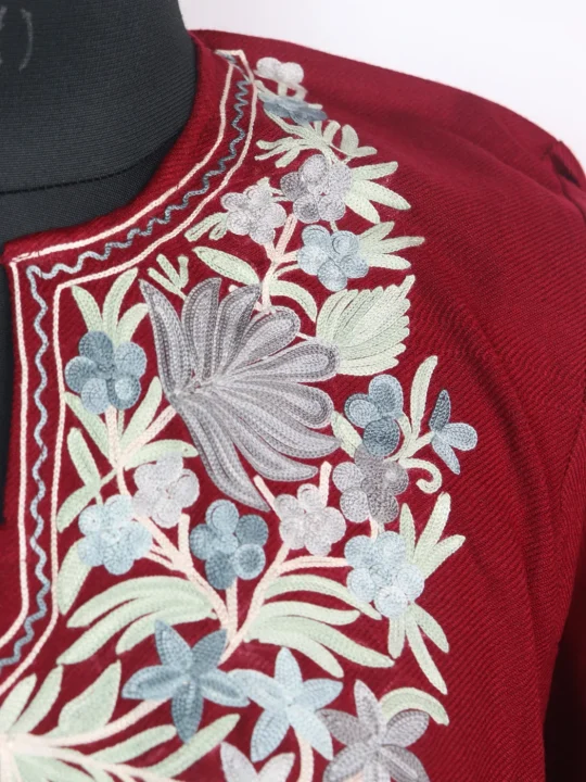 Farah Kashmiri Pheran In Red Cashmilon With Aari Embroidery - Image 3