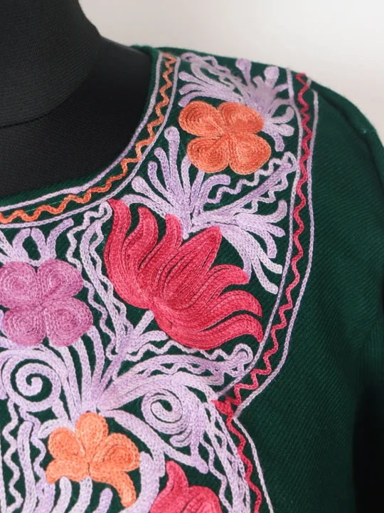 Mishal Kashmiri Pheran In Cashmilon wool With Aari Embroidery | Green - Image 3