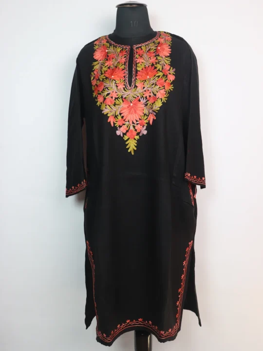 Ayesha Kashmiri Pheran in Black Cashmilon Wool with Aari Embroidery