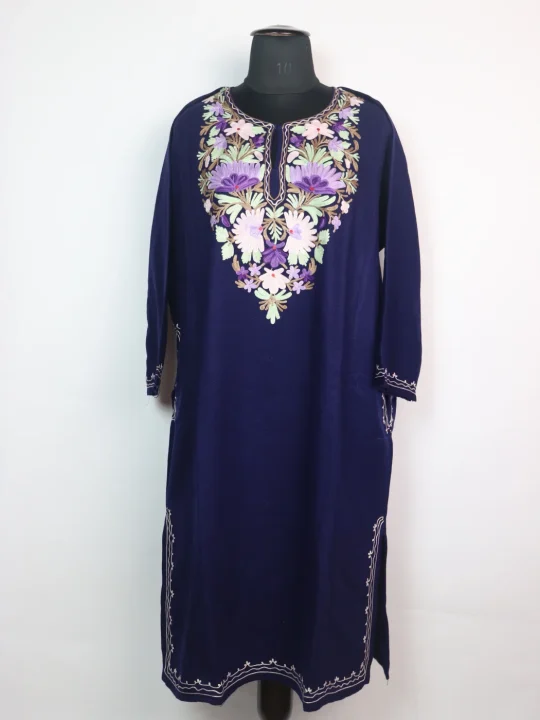 Kashmiri Pheran in Navy Blue Cashmilon Wool with Aari Embroidery  | Ayesha
