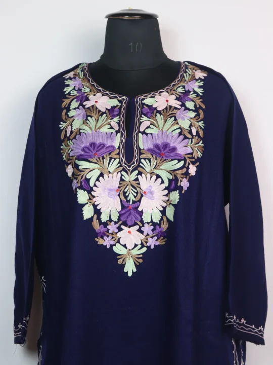 Kashmiri Pheran in Navy Blue Cashmilon Wool with Aari Embroidery  | Ayesha - Image 2