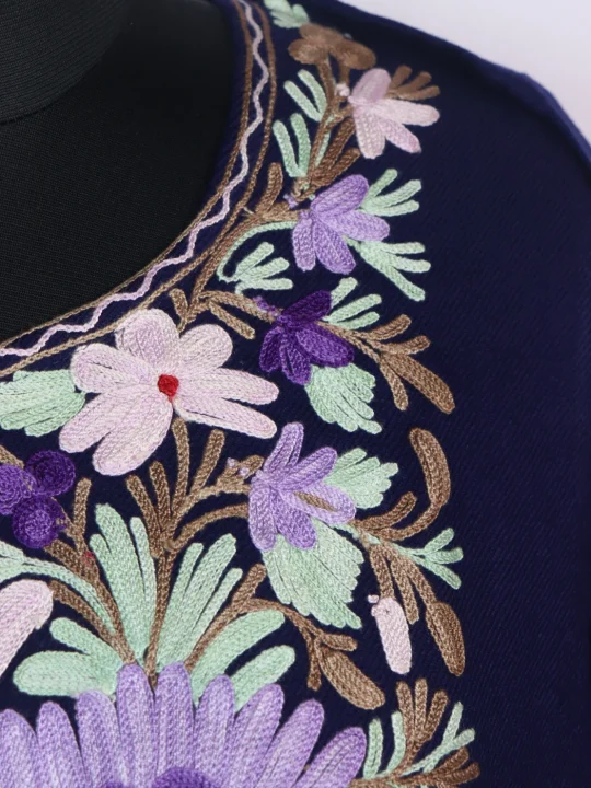 Kashmiri Pheran in Navy Blue Cashmilon Wool with Aari Embroidery  | Ayesha - Image 3