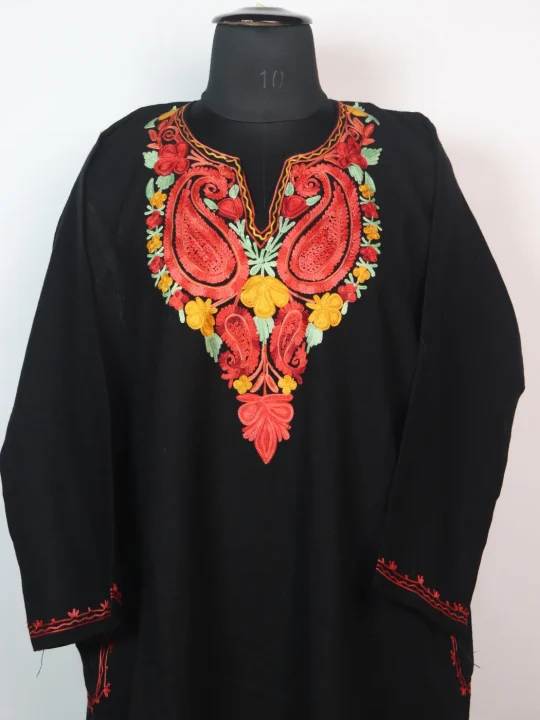 Areej Kashmiri Pheran In Cashmilon wool With Aari Embroidery | Black - Image 2