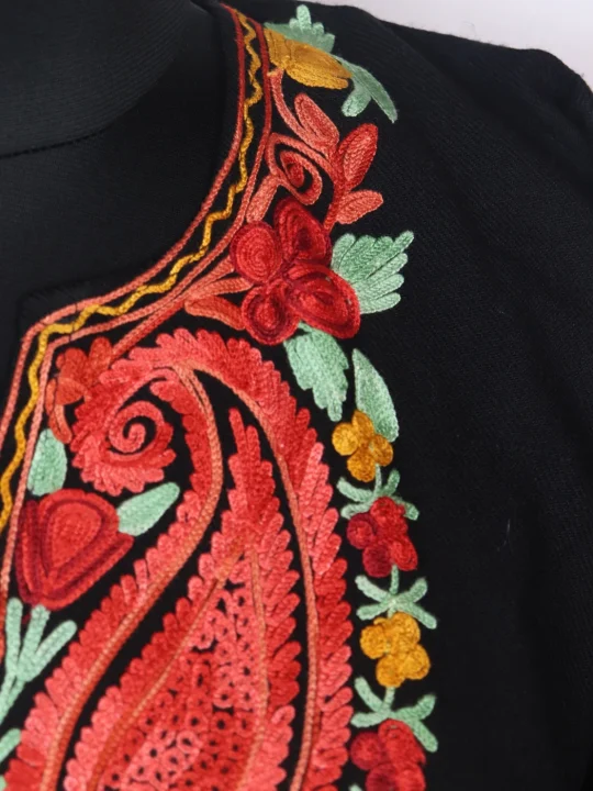 Areej Kashmiri Pheran In Cashmilon wool With Aari Embroidery | Black - Image 3