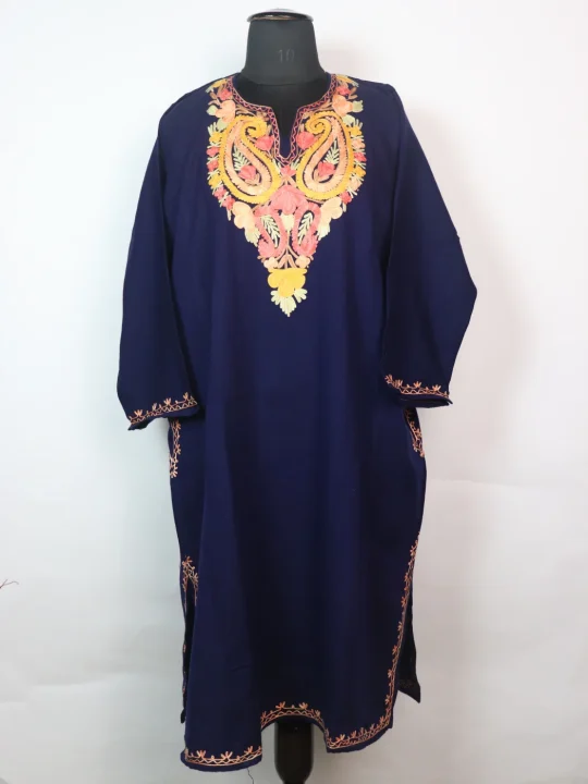 Kashmiri Pheran Suhaana In Cashmilon wool With Aari Embroidery | Navy Blue