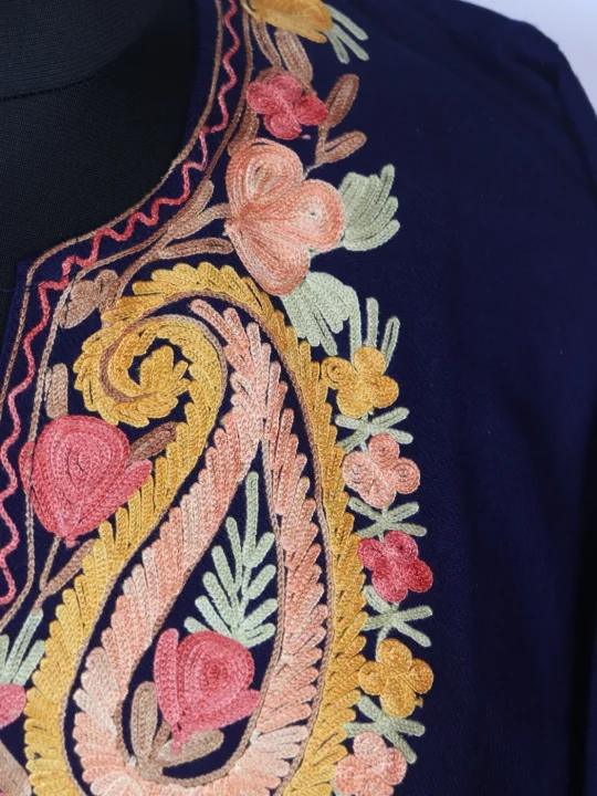 Kashmiri Pheran Suhaana In Cashmilon wool With Aari Embroidery | Navy Blue - Image 3