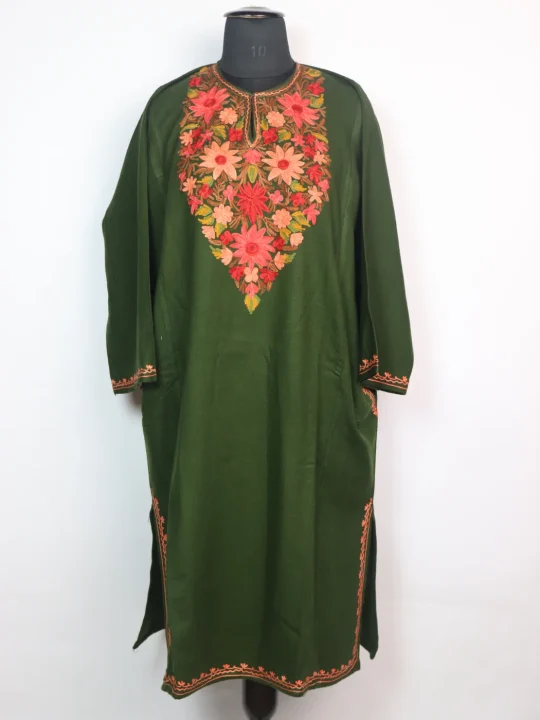 Kashmiri Pheran in Dark Green Cashmilon Wool with Aari Embroidery | Ayesha