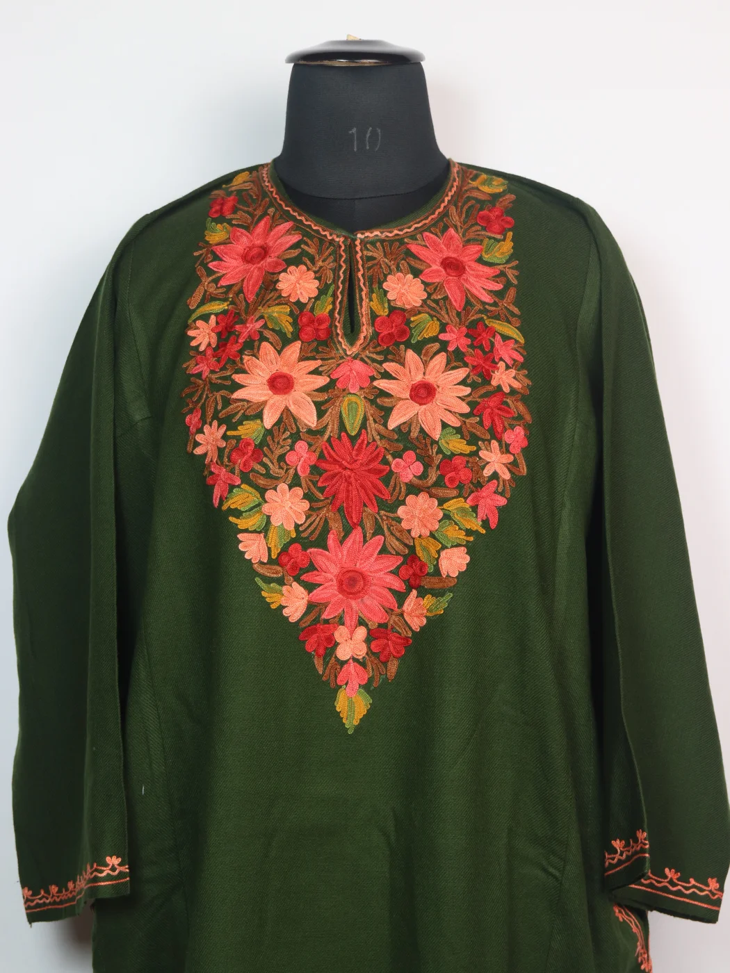Kashmiri Pheran in Dark Green Cashmilon Wool with Aari Embroidery | Ayesha - Image 2
