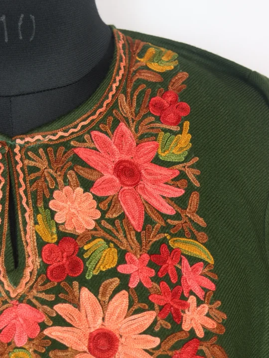 Kashmiri Pheran in Dark Green Cashmilon Wool with Aari Embroidery | Ayesha - Image 3