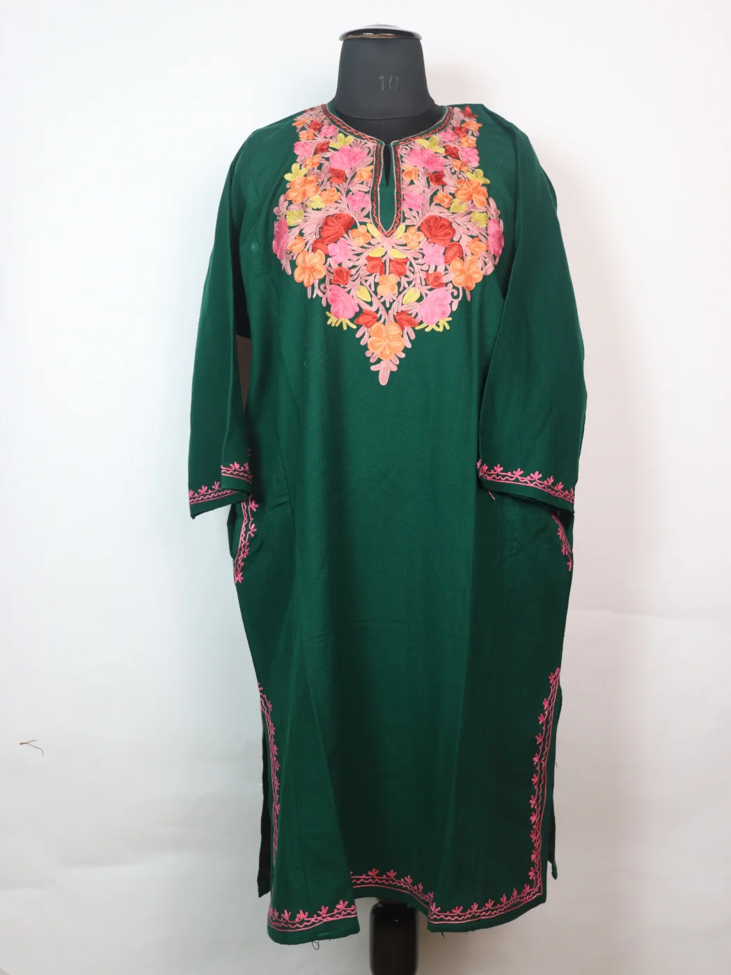 Green Kashmiri Pheran In Cashmilon wool With Aari Embroidery | Ulfat