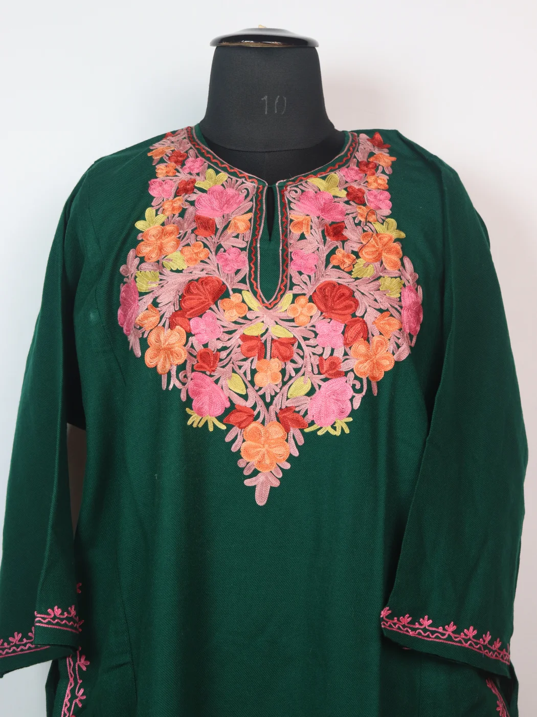 Green Kashmiri Pheran In Cashmilon wool With Aari Embroidery | Ulfat - Image 2
