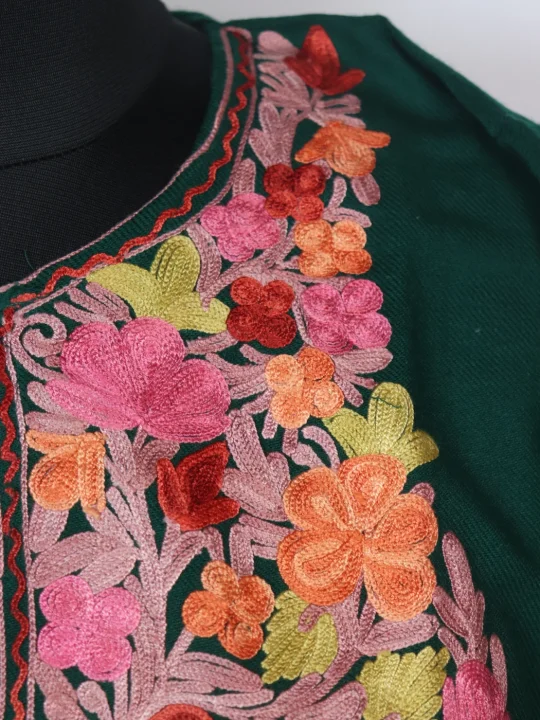 Green Kashmiri Pheran In Cashmilon wool With Aari Embroidery | Ulfat - Image 3