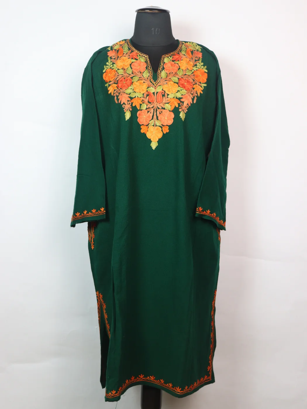 Green Kashmiri Pheran In Cashmilon wool With Aari Embroidery | Alishba