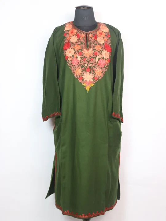 Kashmiri Pheran with Aari Embroidery in Dark Green Cashmilon Wool | Ayesha
