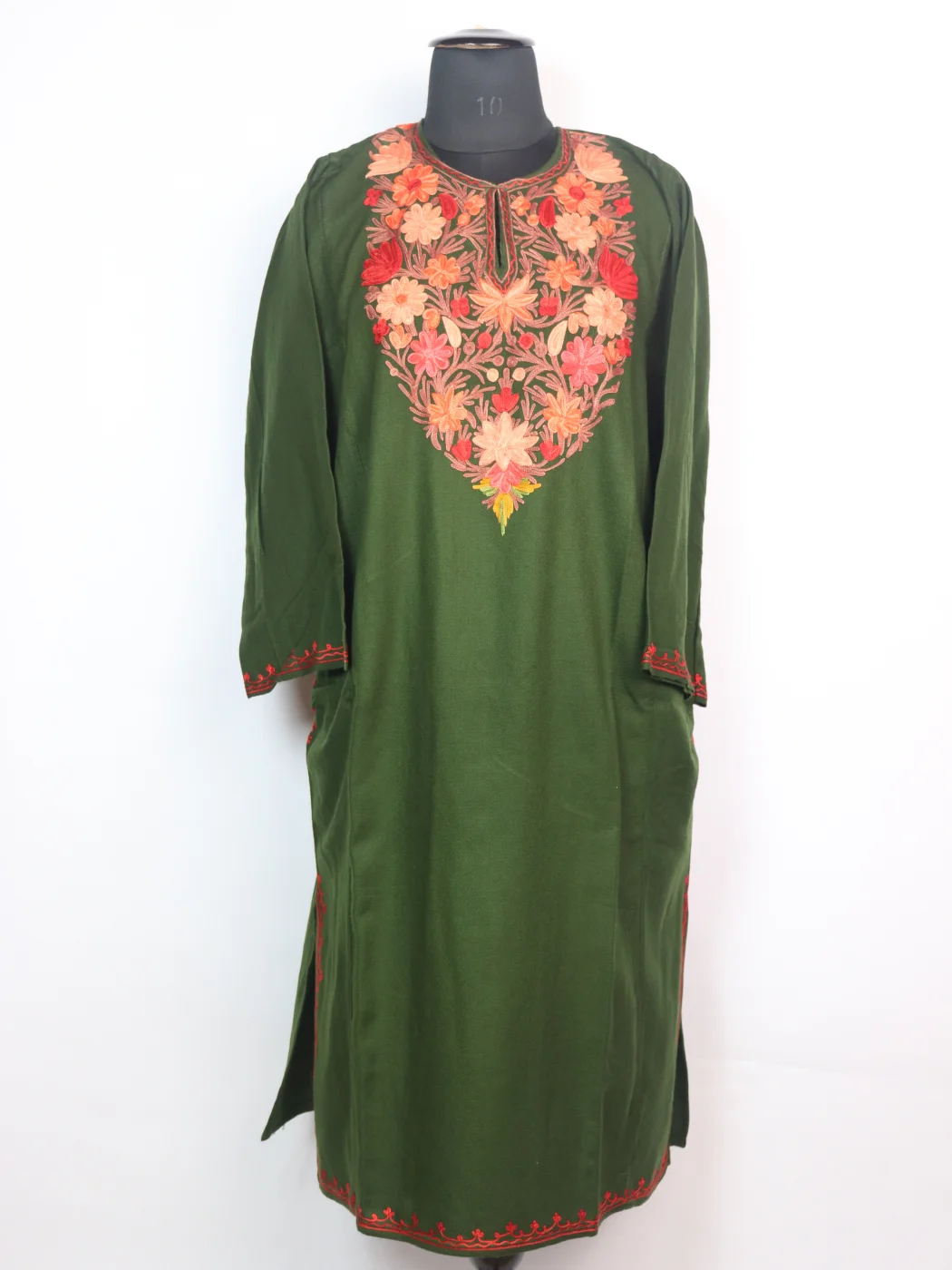 Kashmiri Pheran with Aari Embroidery in Dark Green Cashmilon Wool | Ayesha