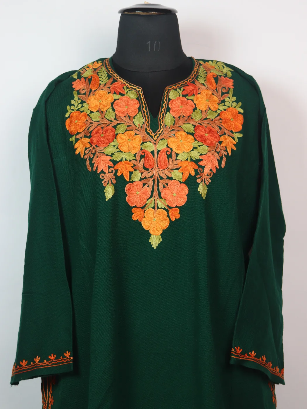 Green Kashmiri Pheran In Cashmilon wool With Aari Embroidery | Alishba - Image 2
