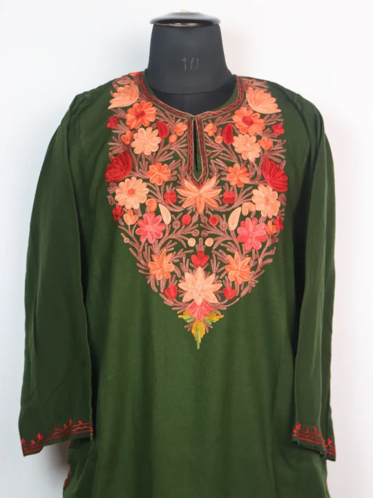 Kashmiri Pheran with Aari Embroidery in Dark Green Cashmilon Wool | Ayesha - Image 2