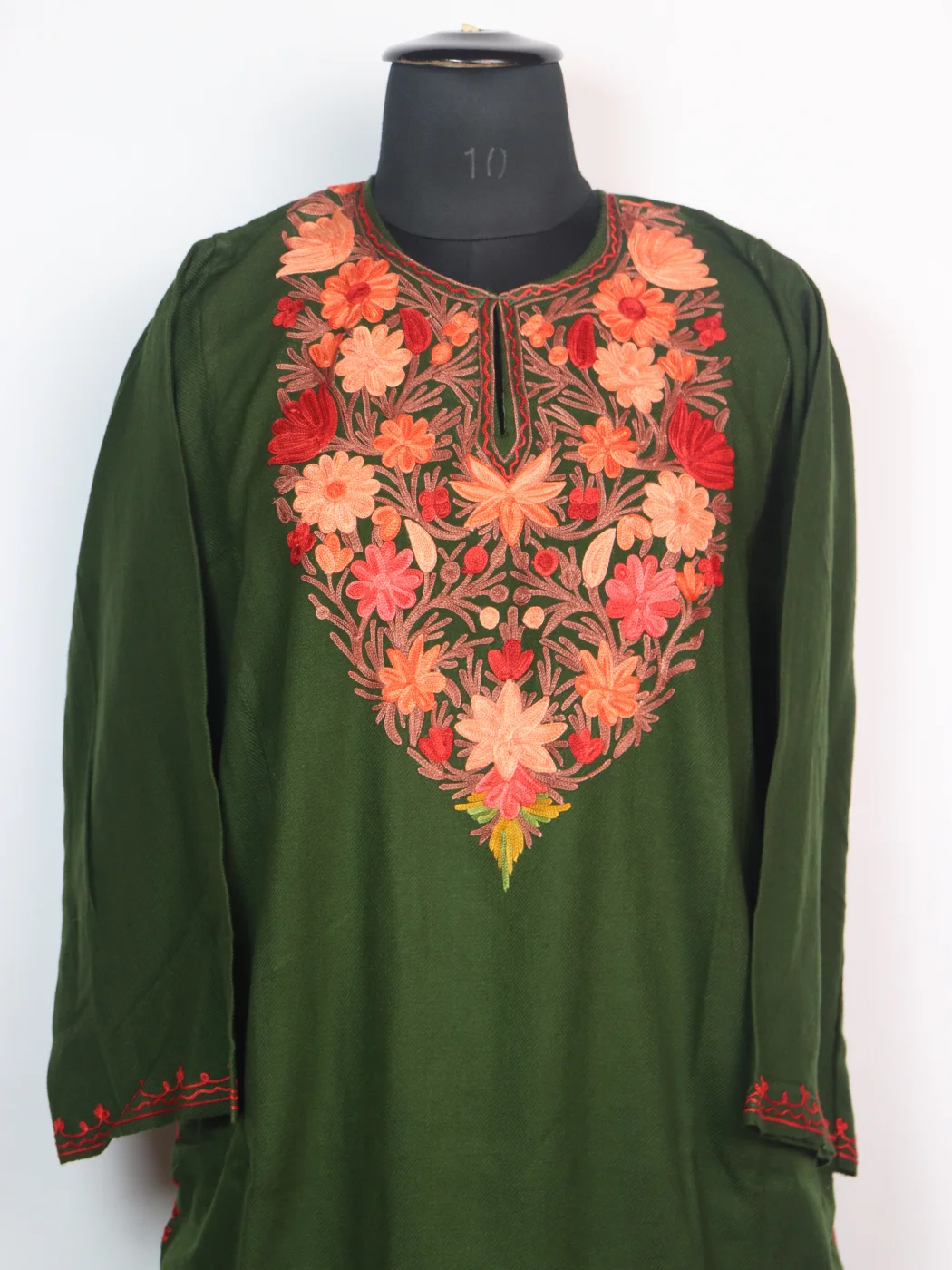 Kashmiri Pheran with Aari Embroidery in Dark Green Cashmilon Wool | Ayesha - Image 2