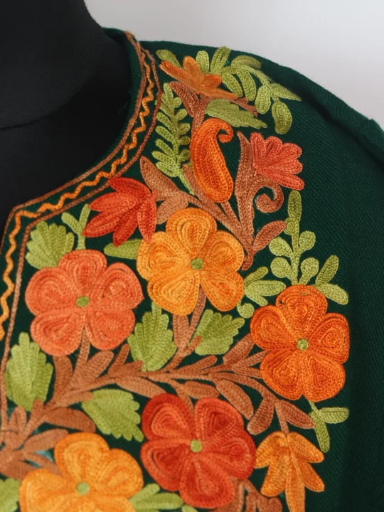 Green Kashmiri Pheran In Cashmilon wool With Aari Embroidery | Alishba - Image 3
