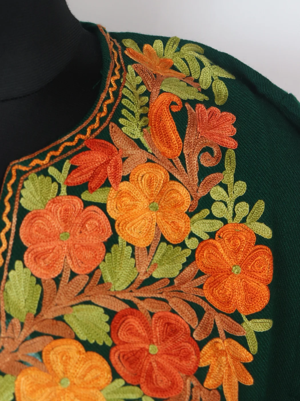 Green Kashmiri Pheran In Cashmilon wool With Aari Embroidery | Alishba - Image 3