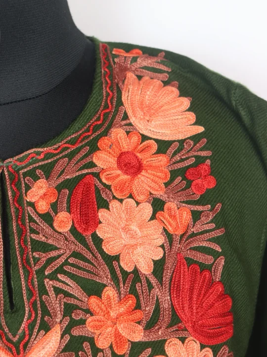 Kashmiri Pheran with Aari Embroidery in Dark Green Cashmilon Wool | Ayesha - Image 3