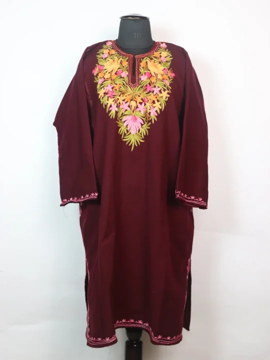 Nayla Kashmiri Pheran In Maroon Cashmilon wool With Aari Embroidery