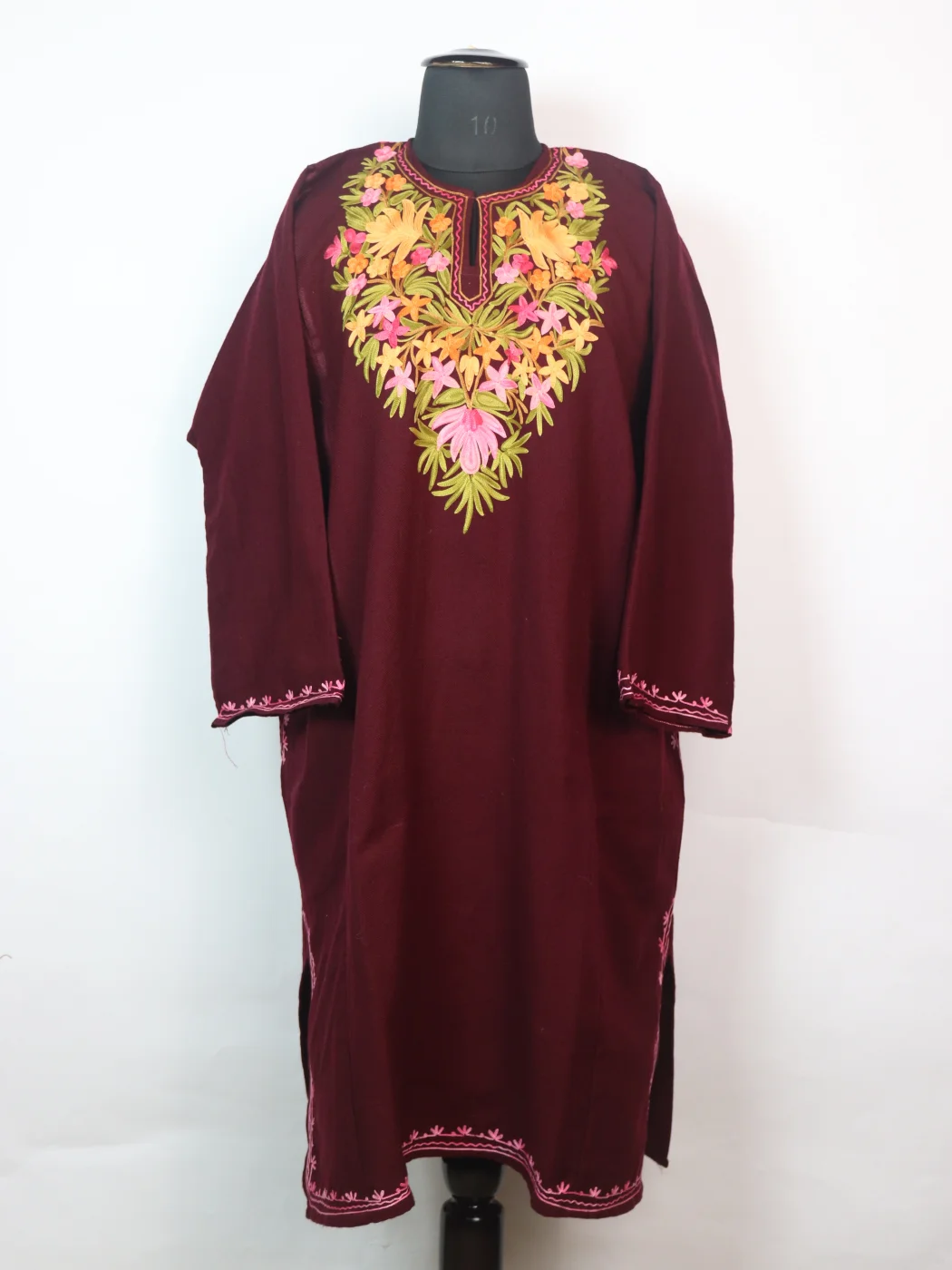 Nayla Kashmiri Pheran In Maroon Cashmilon wool With Aari Embroidery