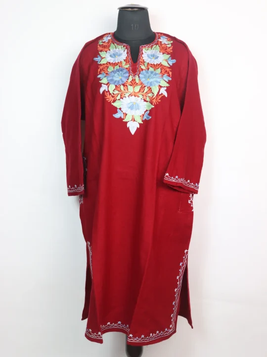 Maroon Kashmiri Pheran with Aari Embroidery in Cashmilon Wool | Ayesha