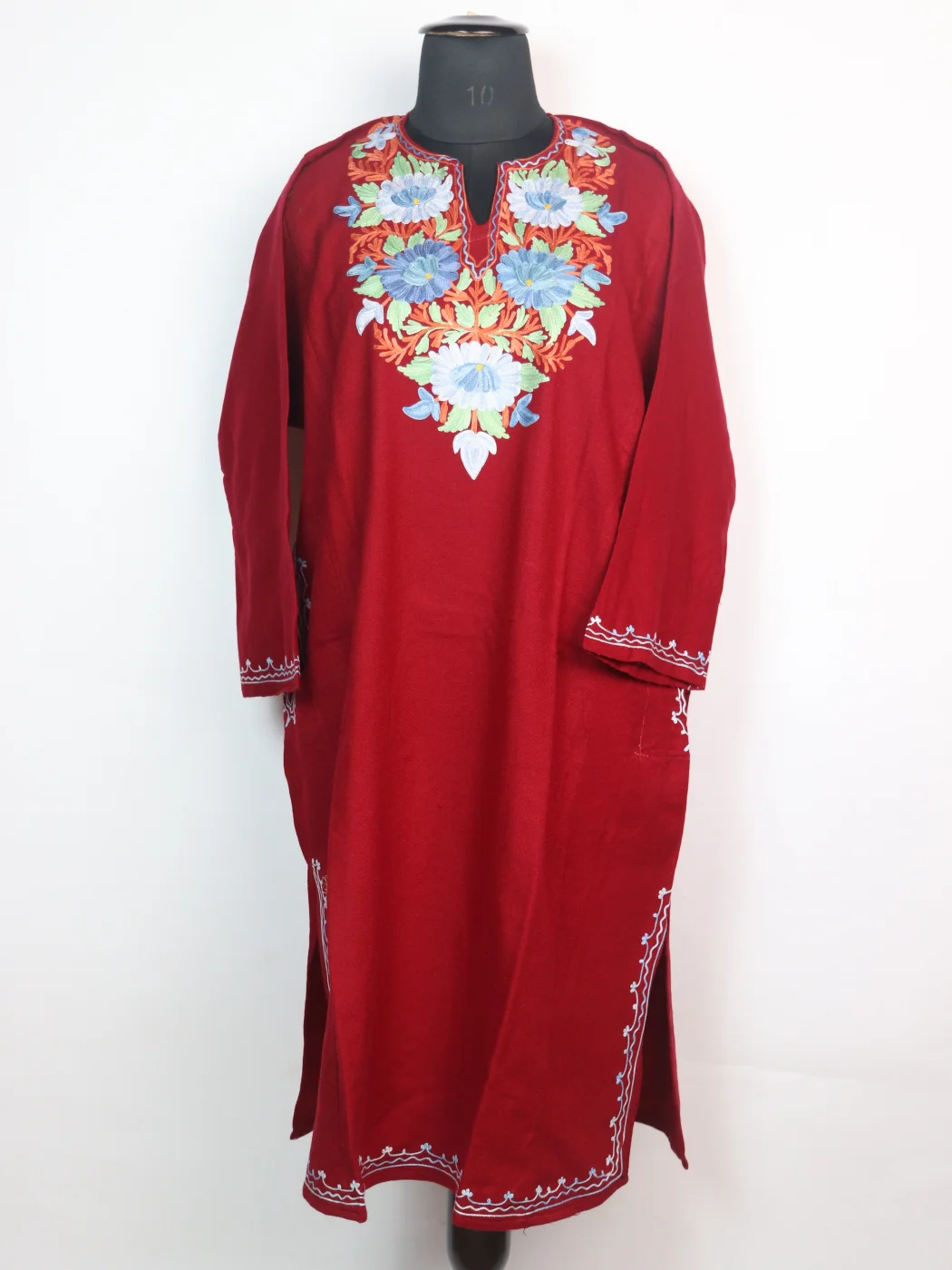 Maroon Kashmiri Pheran with Aari Embroidery in Cashmilon Wool | Ayesha