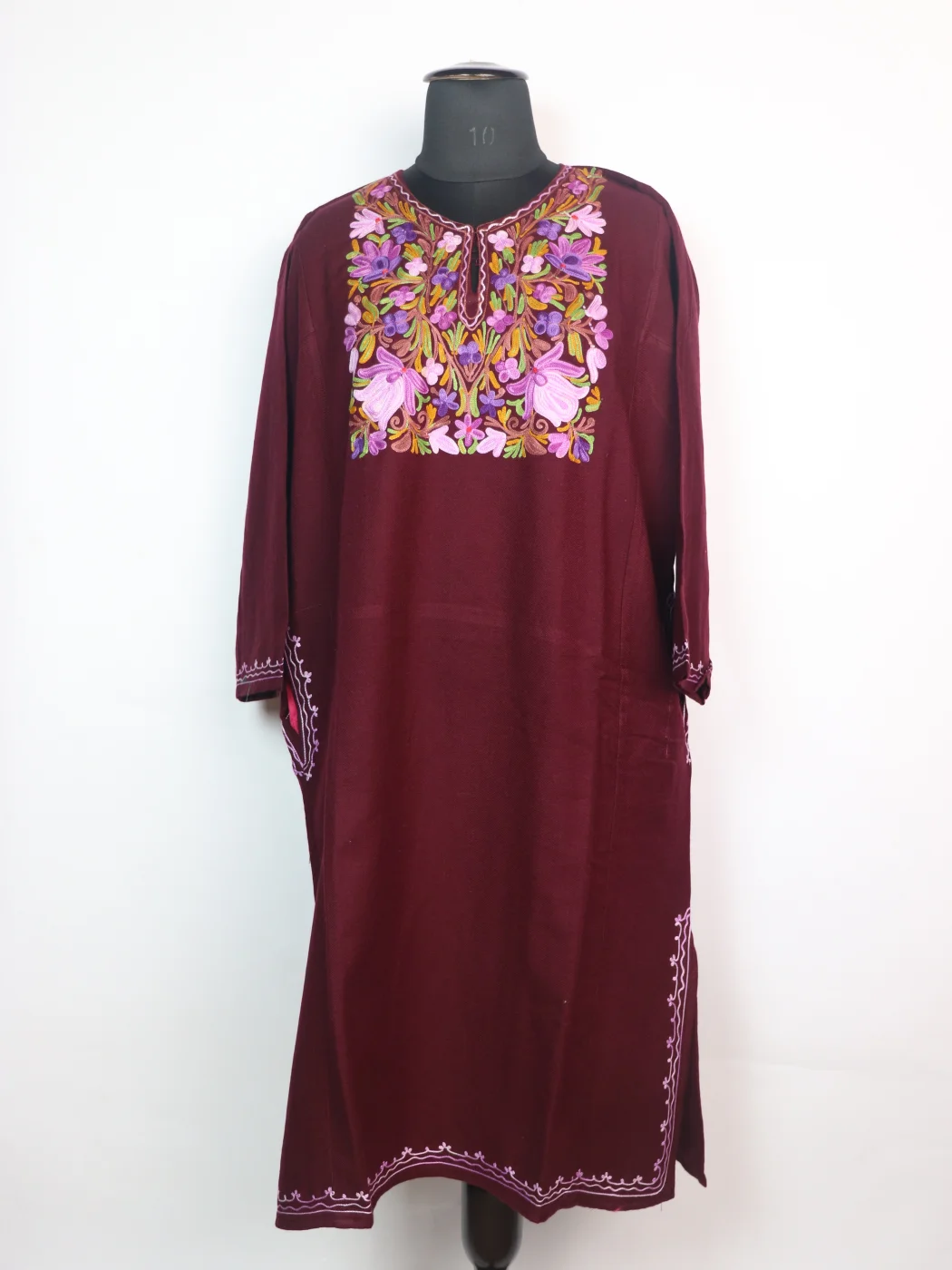 Kashmiri Pheran Ayesha in Maroon Cashmilon Wool with Aari Embroidery