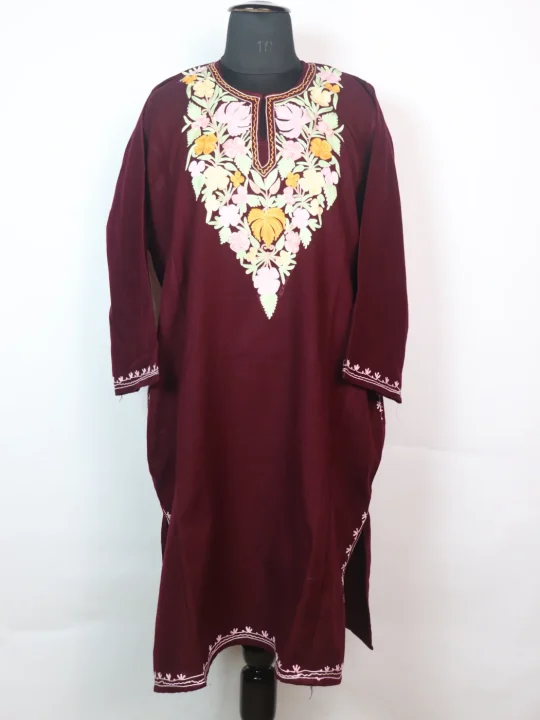 Ayla Kashmiri Pheran In Maroon Cashmilon wool With Aari Embroidery