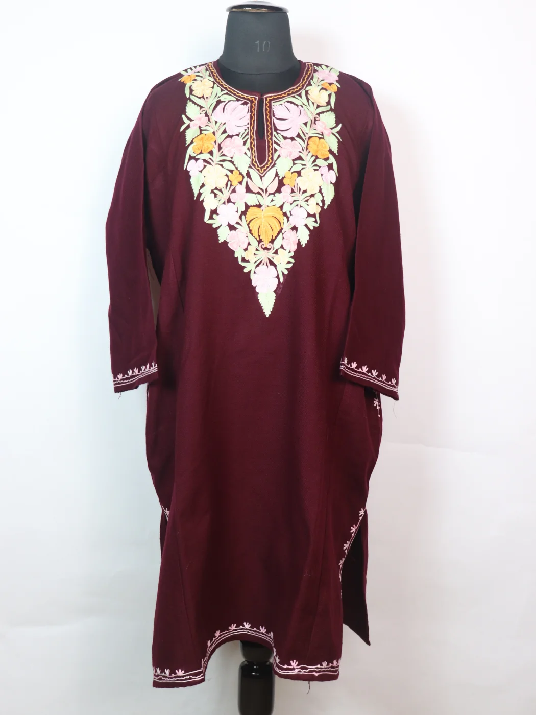 Ayla Kashmiri Pheran In Maroon Cashmilon wool With Aari Embroidery