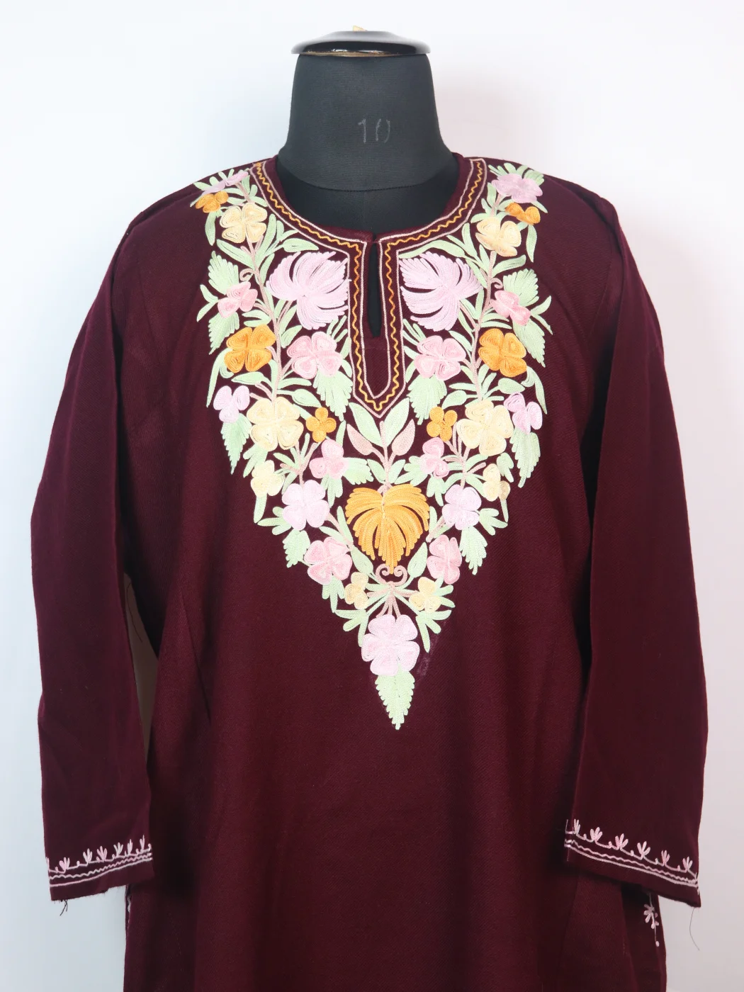 Ayla Kashmiri Pheran In Maroon Cashmilon wool With Aari Embroidery - Image 2