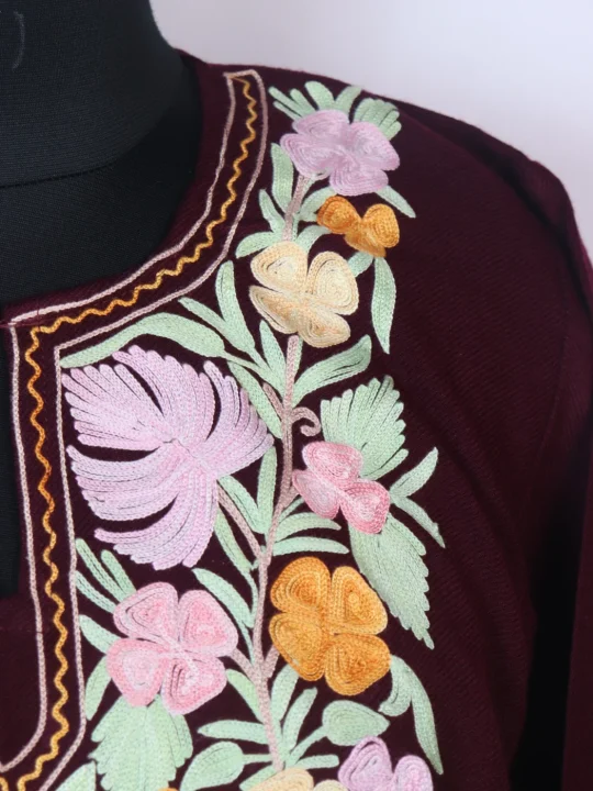 Ayla Kashmiri Pheran In Maroon Cashmilon wool With Aari Embroidery - Image 3