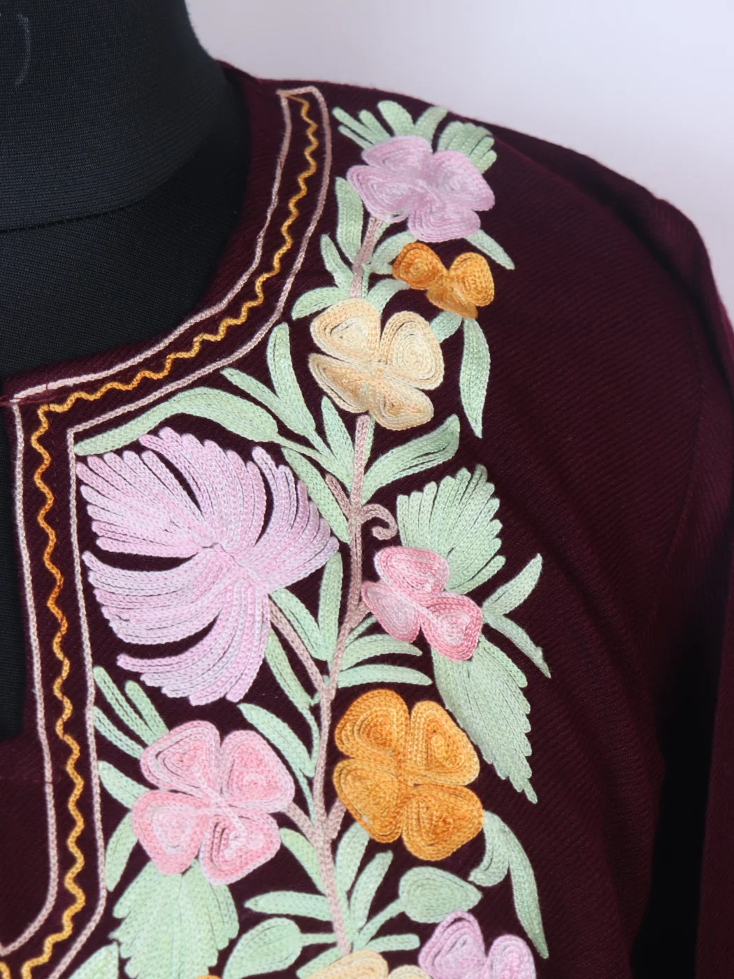 Ayla Kashmiri Pheran In Maroon Cashmilon wool With Aari Embroidery - Image 3