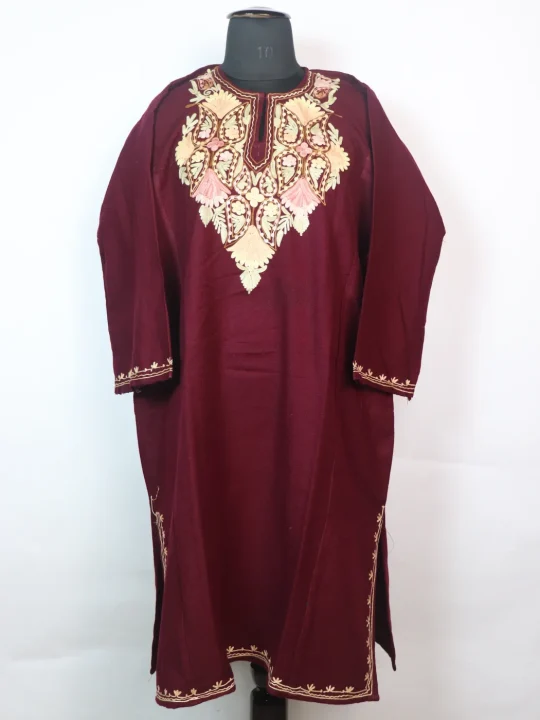 Samaira Kashmiri Pheran In Cashmilon wool With Aari Embroidery | Maroon