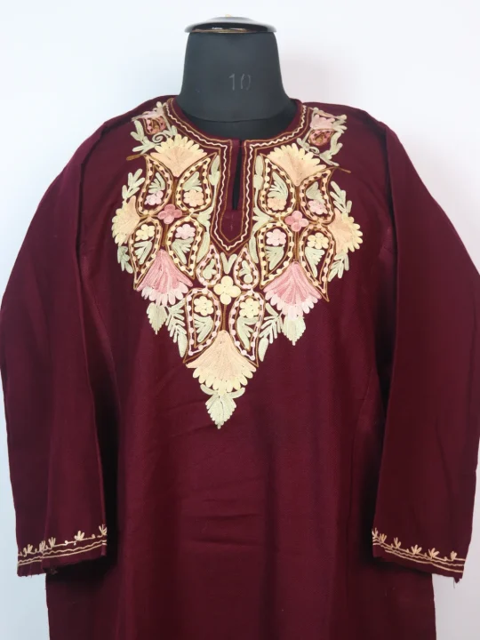 Samaira Kashmiri Pheran In Cashmilon wool With Aari Embroidery | Maroon - Image 2