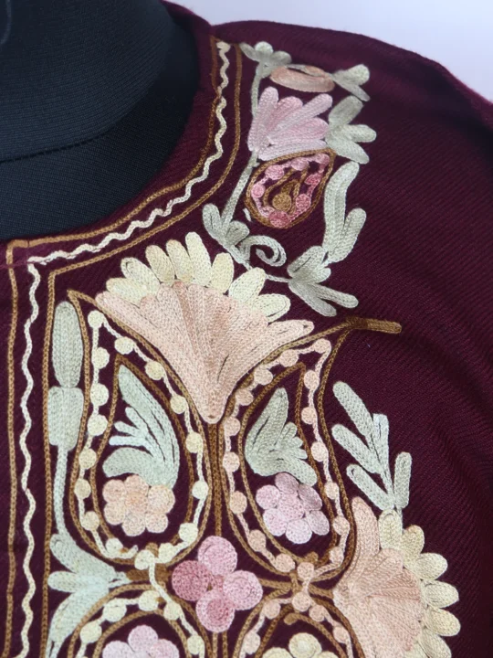 Samaira Kashmiri Pheran In Cashmilon wool With Aari Embroidery | Maroon - Image 3