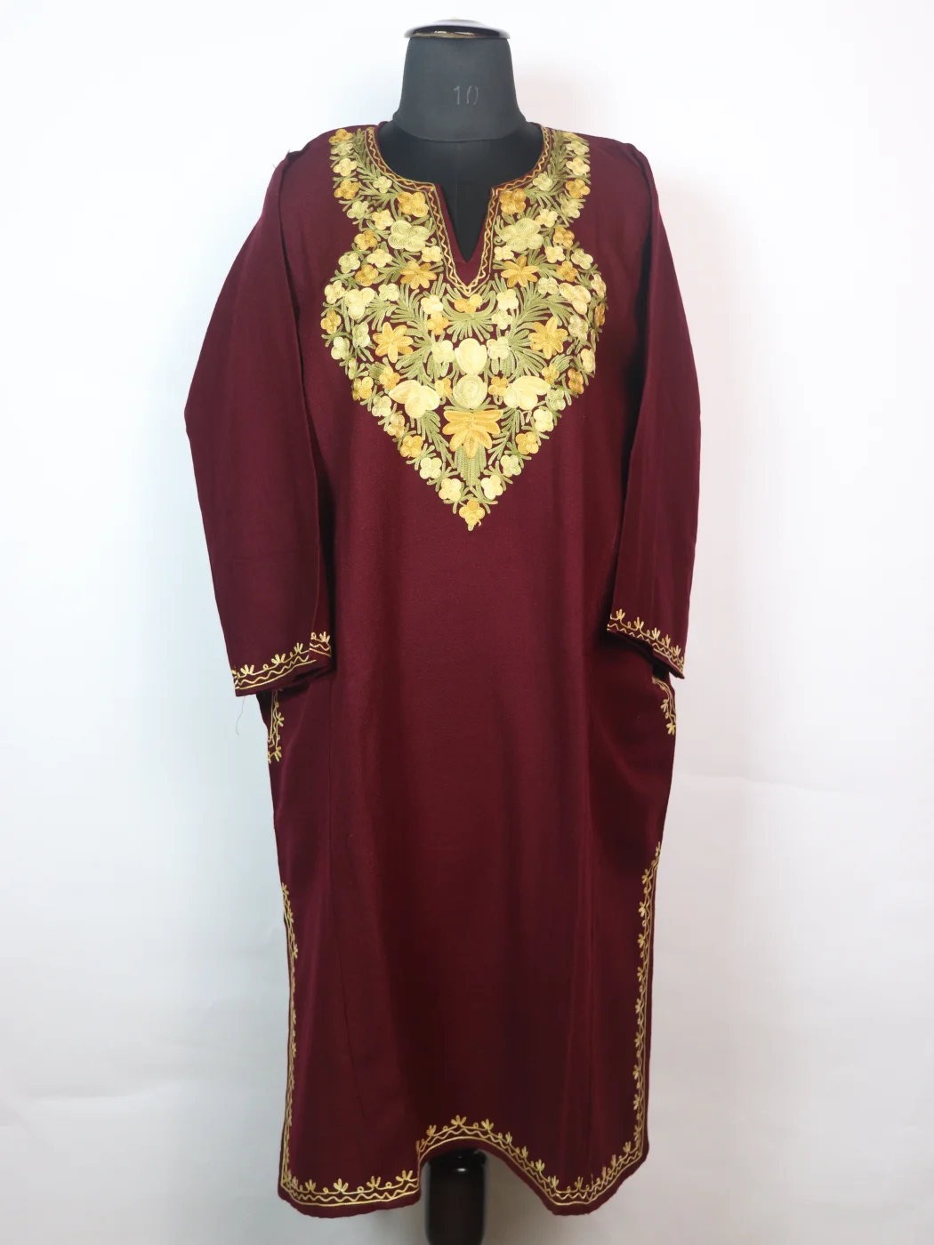 Anousha Kashmiri Pheran In Cashmilon wool With Aari Embroidery | Maroon