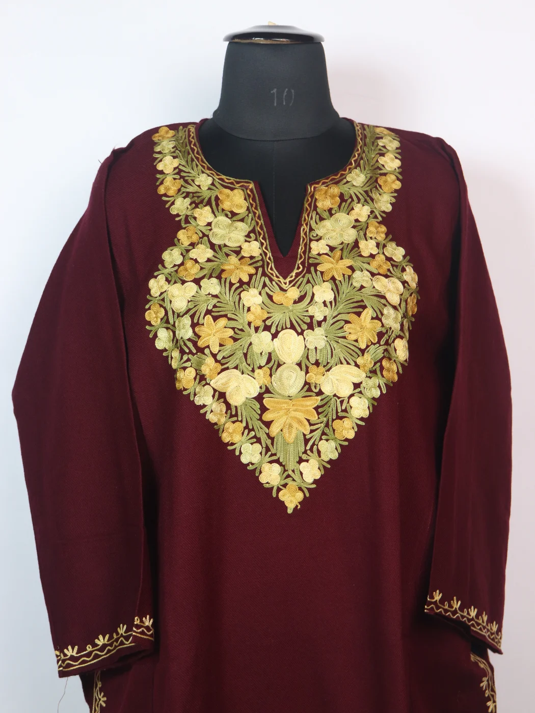 Anousha Kashmiri Pheran In Cashmilon wool With Aari Embroidery | Maroon - Image 2